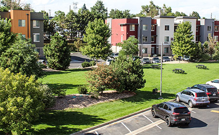The Villas parking lot and green space